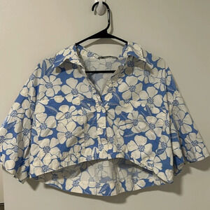 Zara 100% Cotton White and Blue Floral Button-Up Crop Shirt Coastal Size M